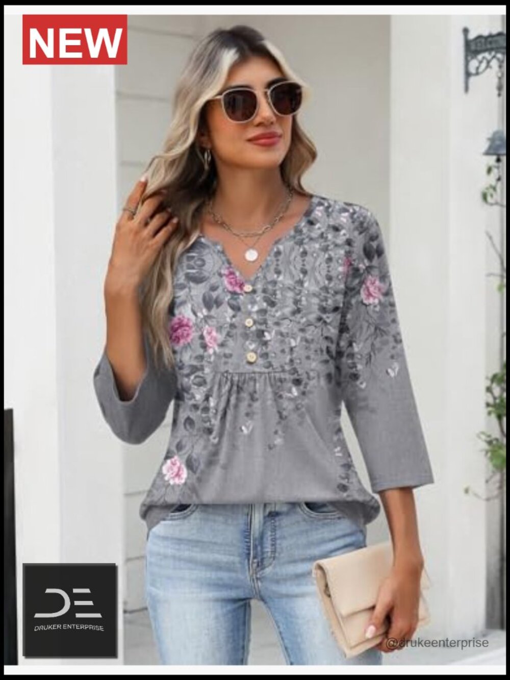 Womens 3/4 Sleeve V Neck Pleated Tunic Tops Dressy Casual Blouses - Picture 3 of 7